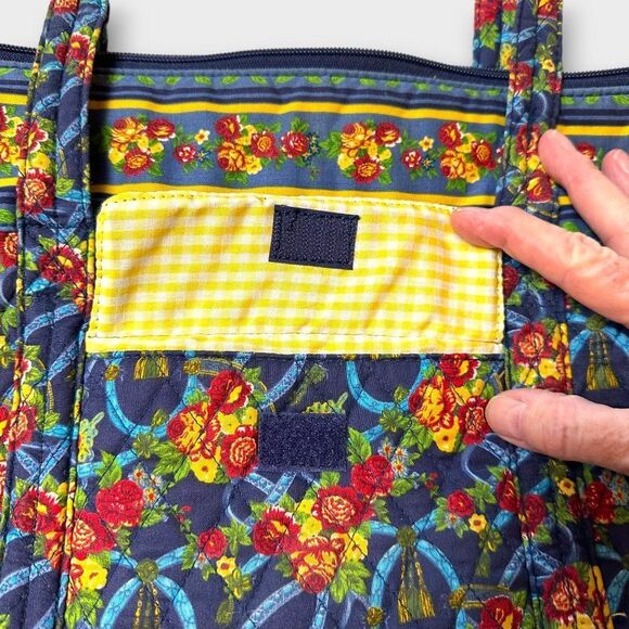 Blue Cotton Tote Handbag Red and Yellow Floral Pattern - Picture 3 of 7